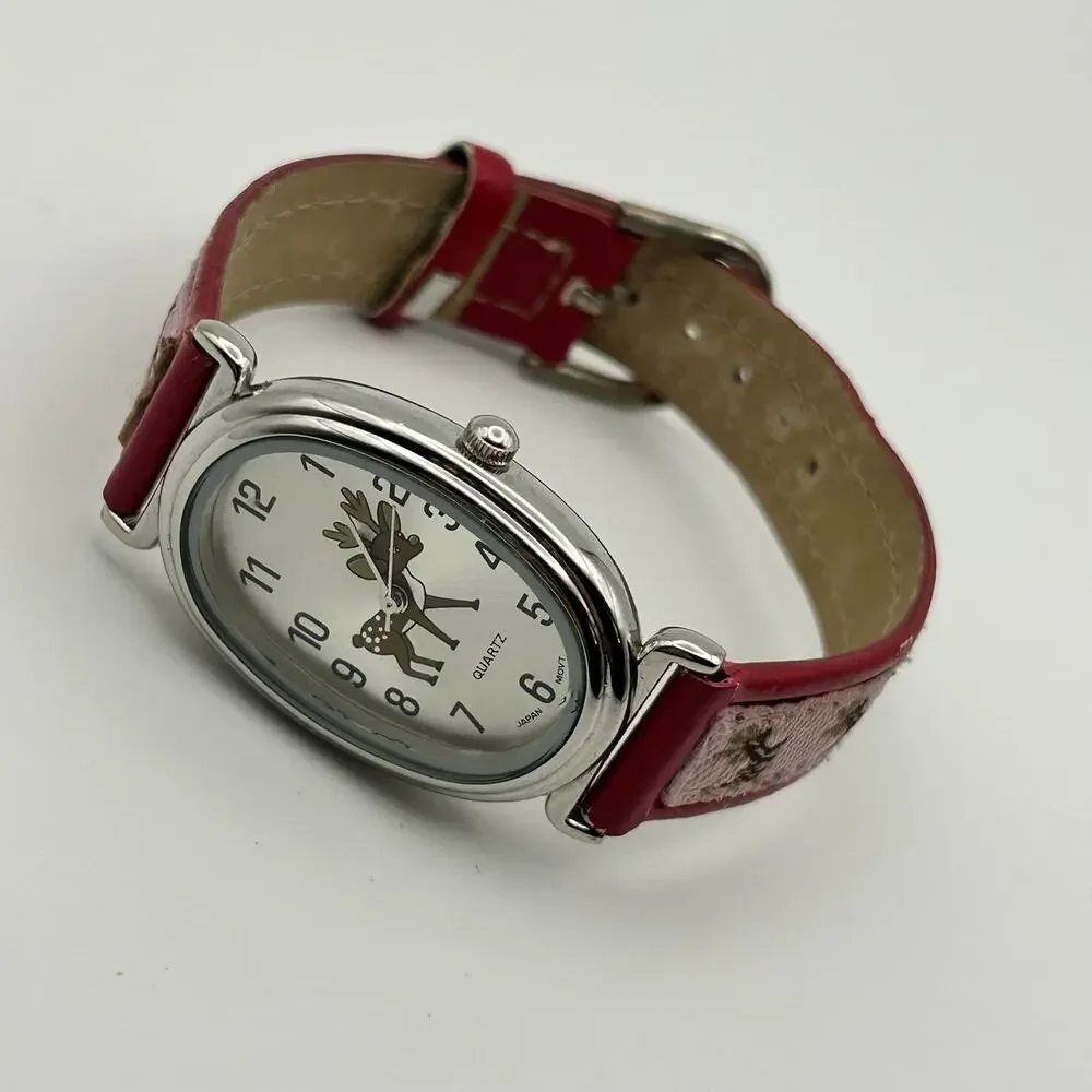 Reindeer Oval Dial Silver-tone Case Red & Pink Band Watch Working New Battery